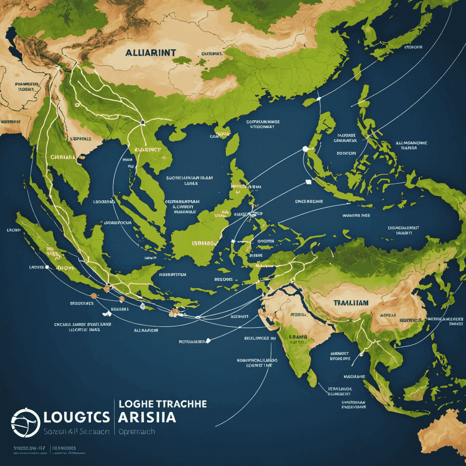 Map of Southeast Asia with highlighted logistics routes and Alliant Logistics branded ships and trucks traversing the region