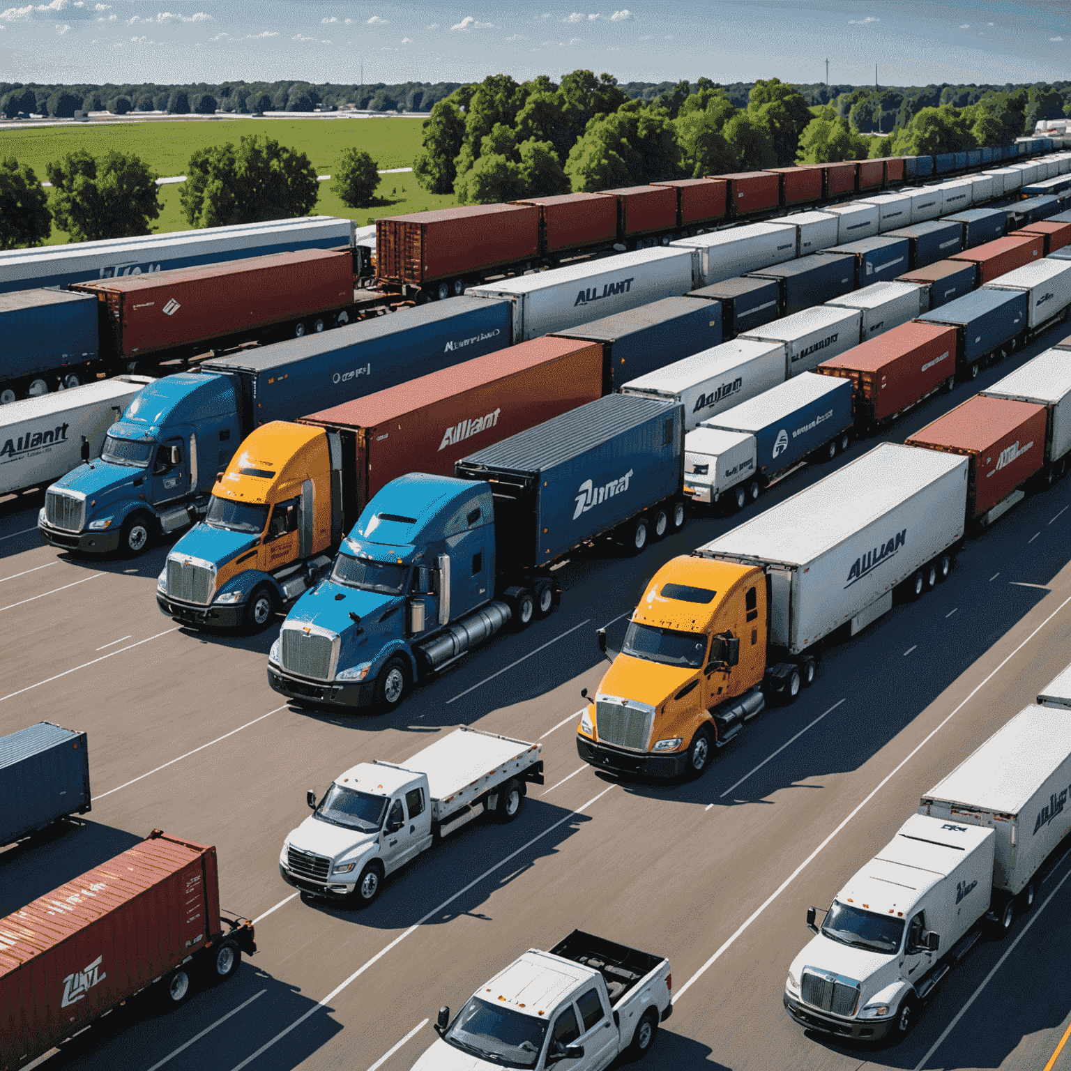 A fleet of modern trucks and freight trains showcasing Alliant Logistics' ground transportation capabilities