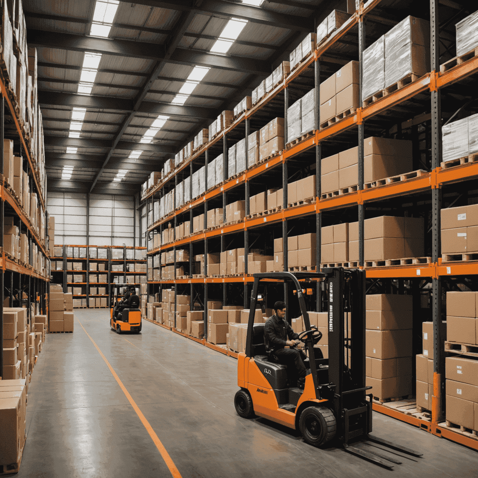 Modern warehouse interior with organized shelves and forklifts moving inventory, showcasing Alliant Logistics' efficient warehousing solutions