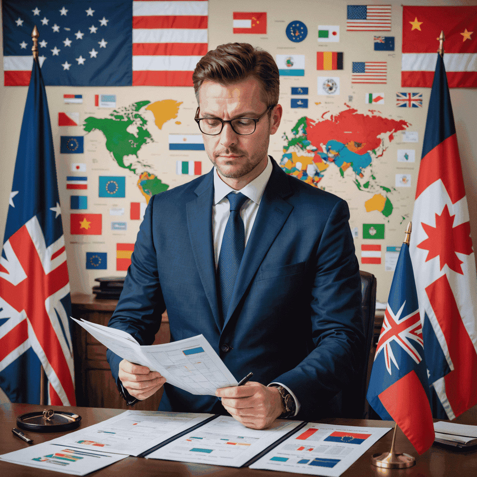 A professional customs broker reviewing international shipping documents, surrounded by flags of different countries, symbolizing global trade expertise