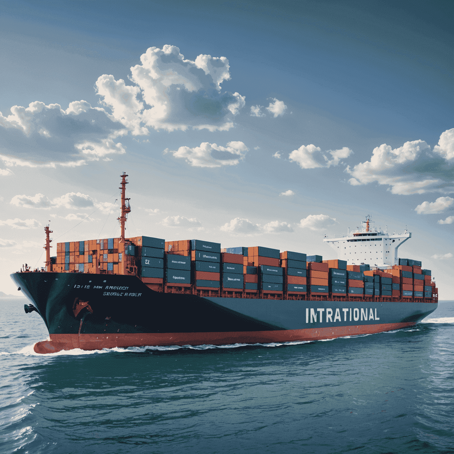 Large cargo ship loaded with containers, sailing across the ocean, representing international ocean freight services