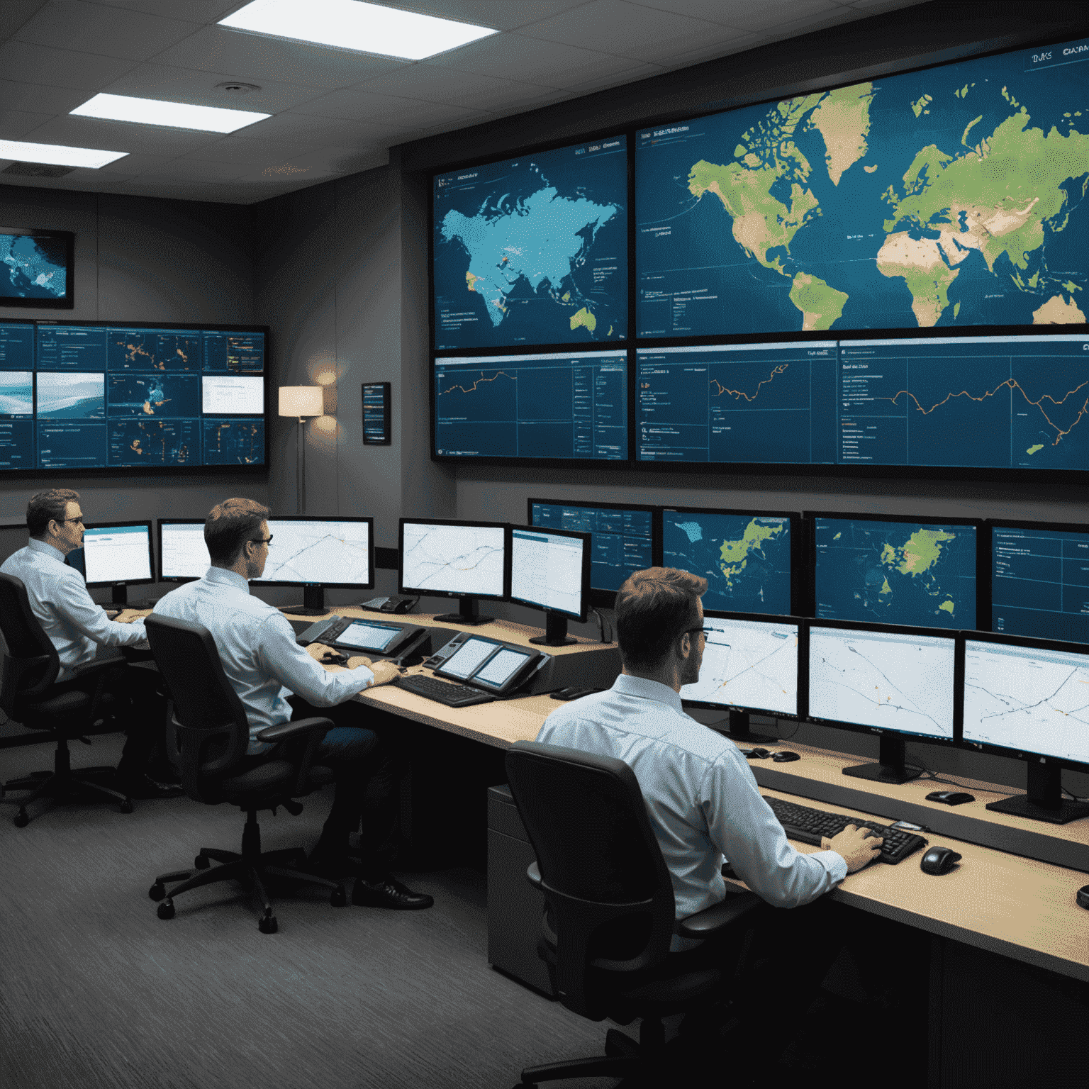 Alliant Logistics staff coordinating ocean freight operations in a modern control room with multiple screens showing ship routes and cargo tracking