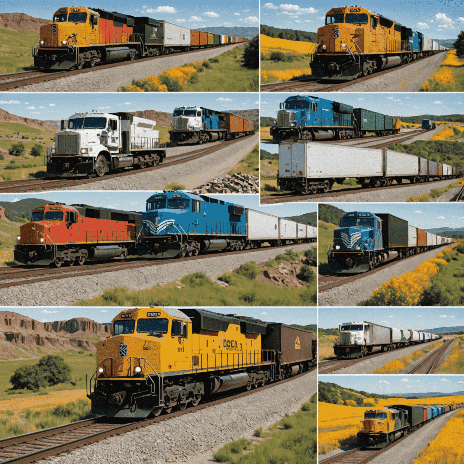 Collage of trucks and trains moving across various landscapes, illustrating diverse ground transportation options