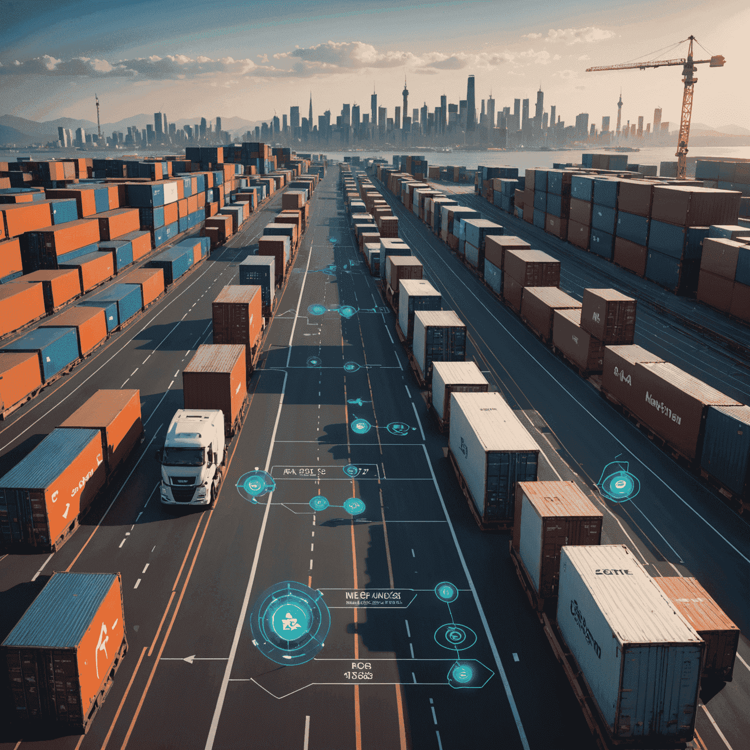 A futuristic interface showing real-time shipment tracking with AI-powered analytics and predictive features