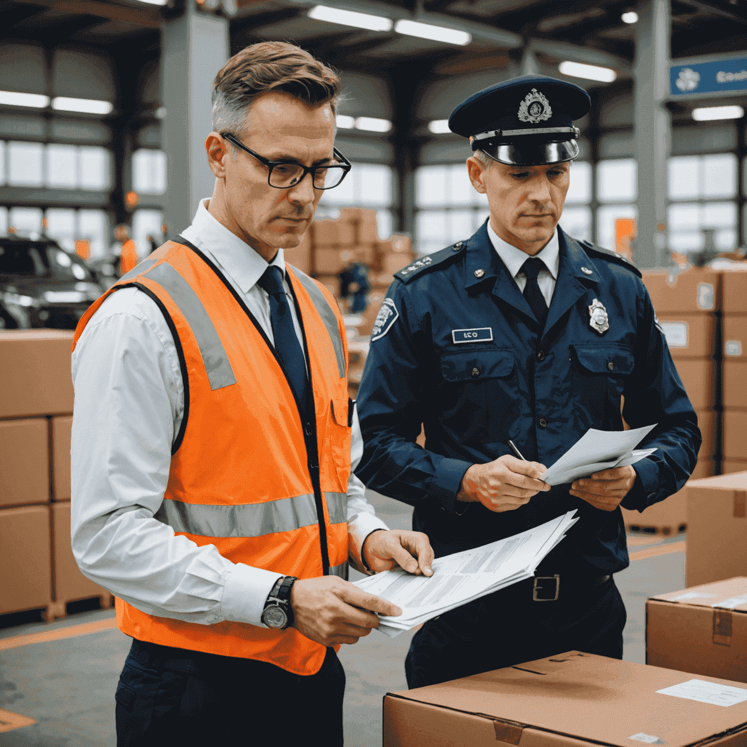 Professional customs broker reviewing documents and guiding cargo through customs checkpoint